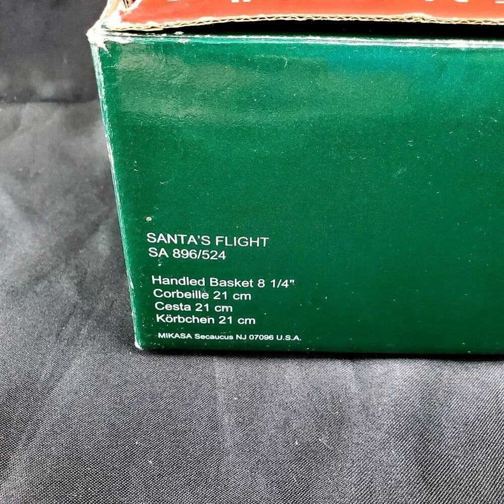 VTG Mikasa Christmas Santas Flight Glass Handled Basket Collectible Holiday Deco
